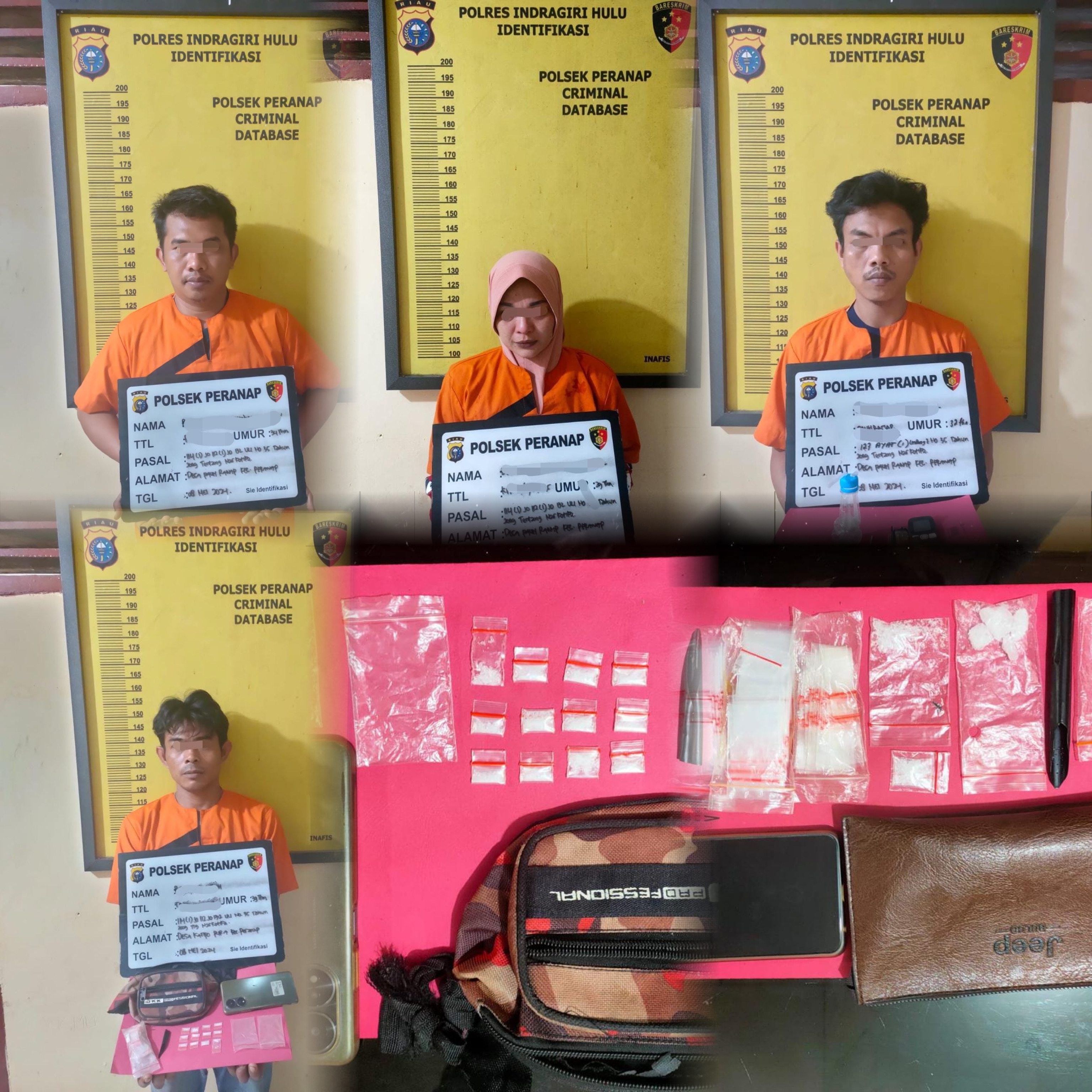 Polsek Peranap Ringkus 4 Orang Pengedar Sabu, Satu Diantaranya Wanita