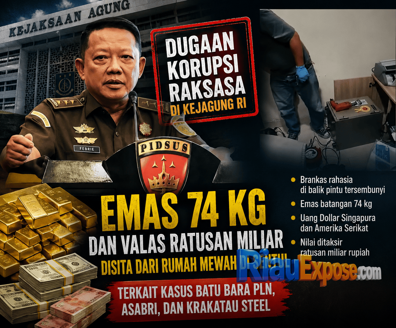 Polisi menyita emas batangan 74 kilogram dan uang asing diduga bernilai ratusan miliar rupiah dari rumah mewah di Sentul, Bogor.